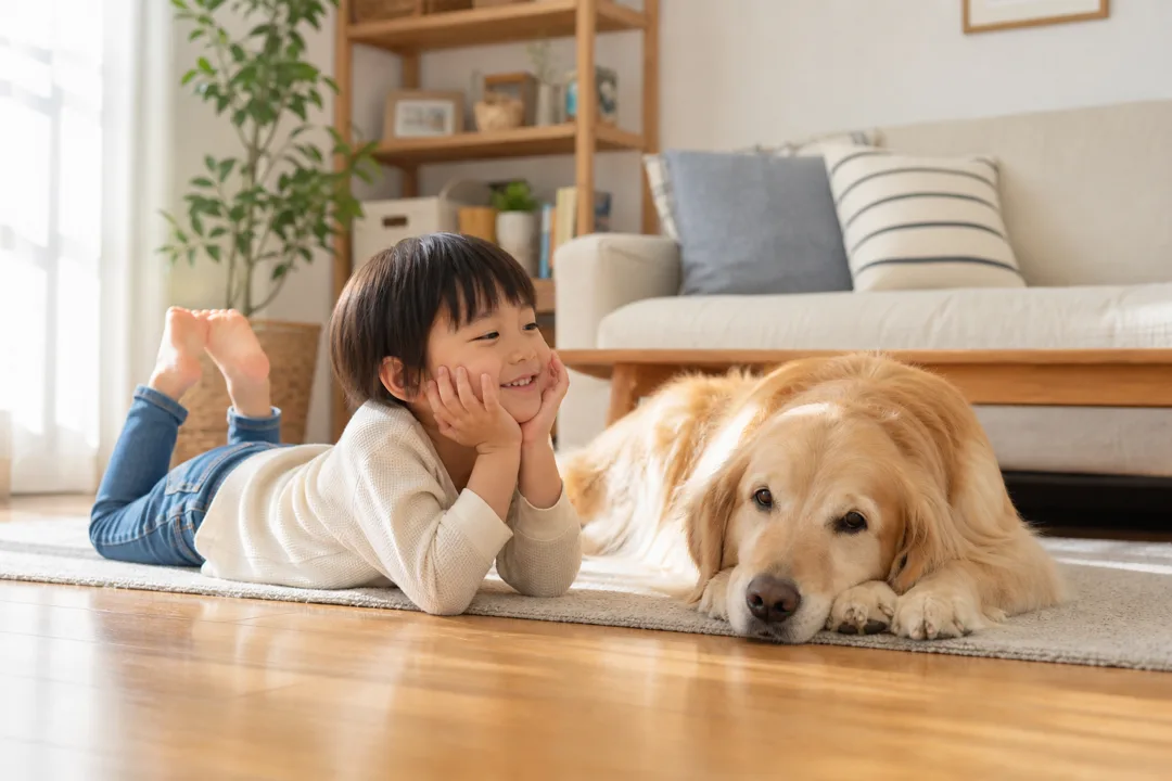 リビングの床で子どもと犬がくつろぐ様子
